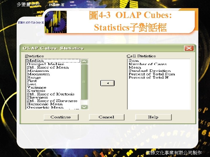 多變量分析 ISBN 957 -729 -569 -X 林震岩 著 圖 4 -3 OLAP Cubes: Statistics子對話框