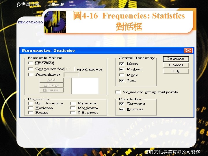 多變量分析 ISBN 957 -729 -569 -X 林震岩 著 圖 4 -16 Frequencies: Statistics 對話框