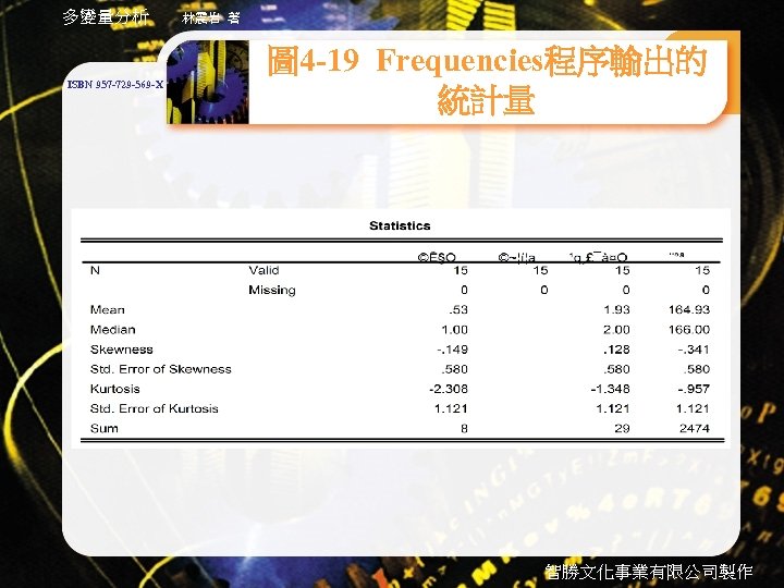 多變量分析 ISBN 957 -729 -569 -X 林震岩 著 圖 4 -19 Frequencies程序輸出的 統計量 智勝文化事業有限公司製作