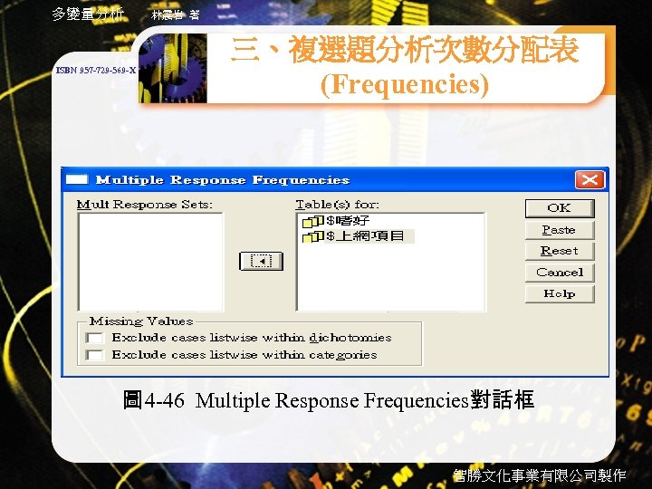 多變量分析 ISBN 957 -729 -569 -X 林震岩 著 三、複選題分析次數分配表 (Frequencies) 圖 4 -46 Multiple