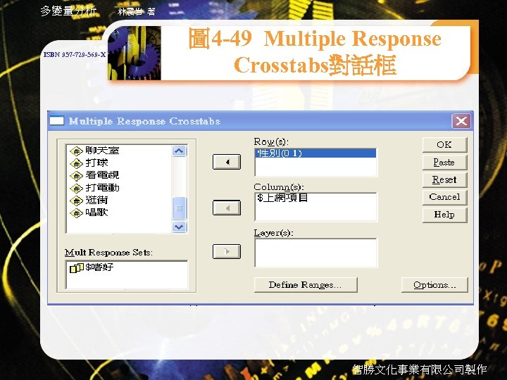 多變量分析 ISBN 957 -729 -569 -X 林震岩 著 圖 4 -49 Multiple Response Crosstabs對話框