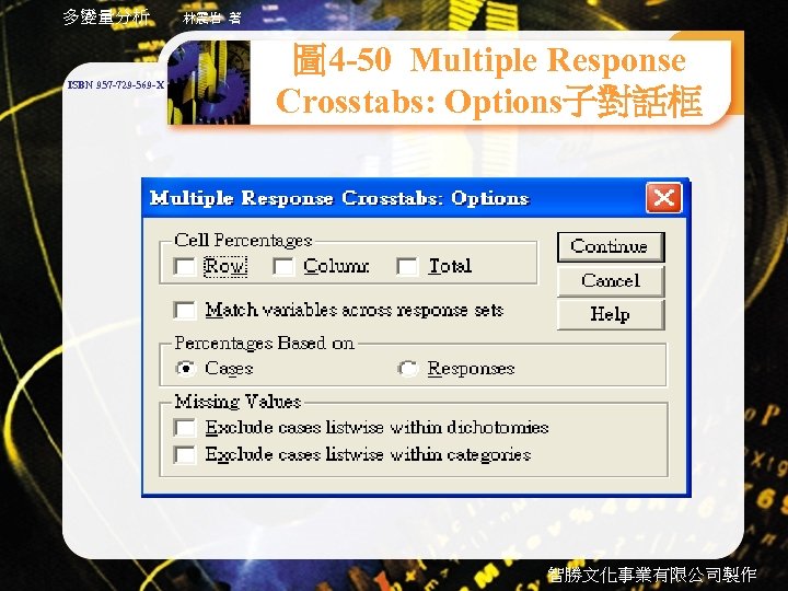 多變量分析 ISBN 957 -729 -569 -X 林震岩 著 圖 4 -50 Multiple Response Crosstabs: