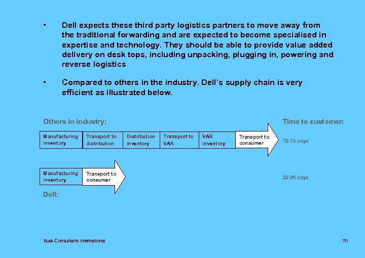  • Dell expects these third party logistics partners to move away from the