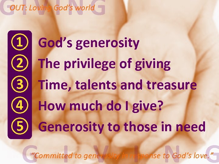 GIVING OUT: Loving God’s world ① ② ③ ④ ⑤ God’s generosity The privilege