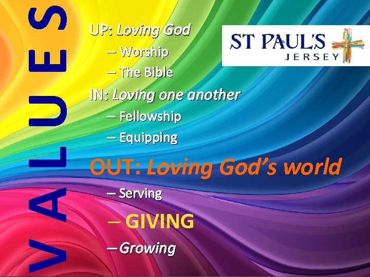 VALUES UP: Loving God – Worship – The Bible IN: Loving one another –