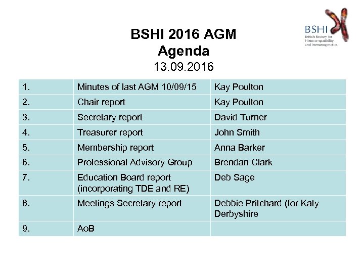 BSHI 2016 AGM Agenda 13. 09. 2016 1. Minutes of last AGM 10/09/15 Kay