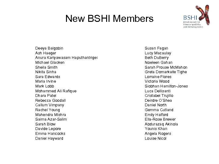 New BSHI Members Deeya Balgobin Ash Haeger Anura Kariyawasam Haputhantrigei Michael Glacken Sheila Smith