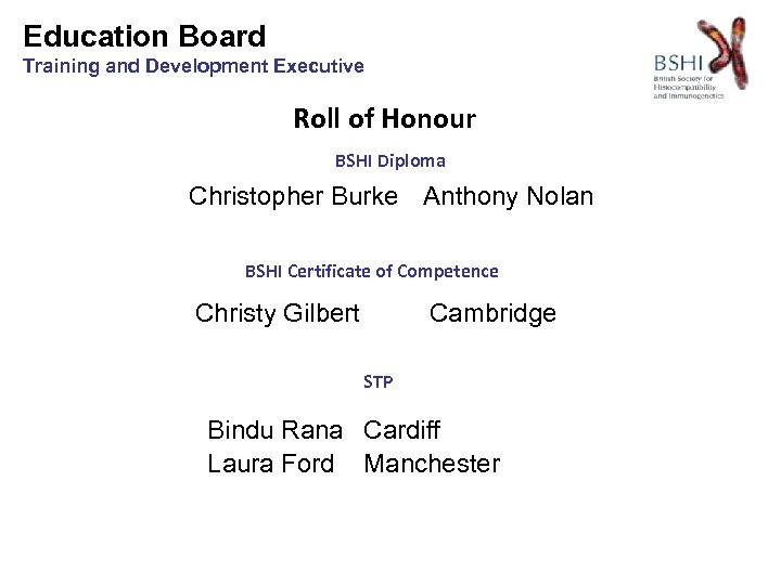 Education Board Training and Development Executive Roll of Honour BSHI Diploma Christopher Burke Anthony