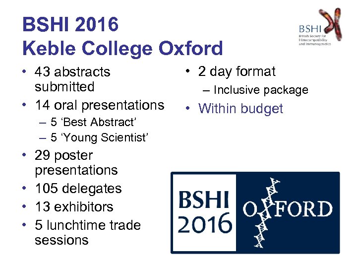 BSHI 2016 Keble College Oxford • 43 abstracts submitted • 14 oral presentations –