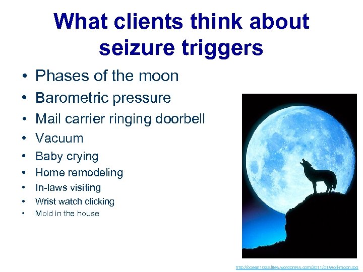 What clients think about seizure triggers • Phases of the moon • Barometric pressure