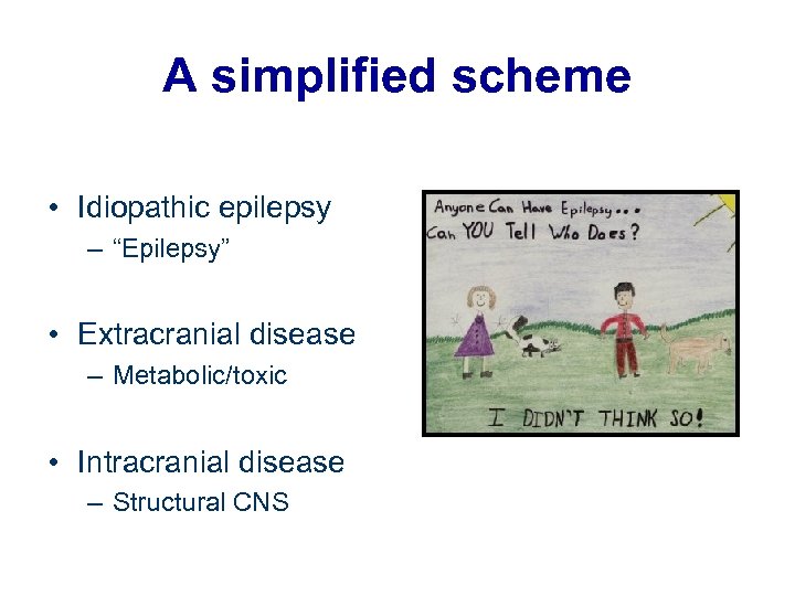 A simplified scheme • Idiopathic epilepsy – “Epilepsy” • Extracranial disease – Metabolic/toxic •