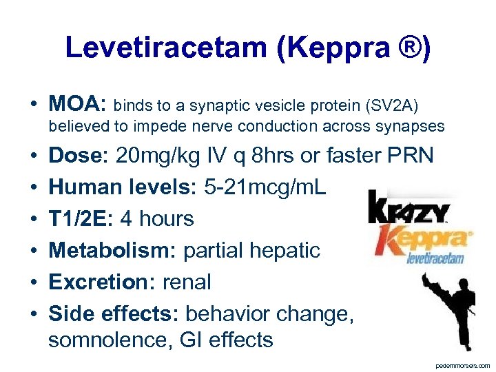 Levetiracetam (Keppra ®) • MOA: binds to a synaptic vesicle protein (SV 2 A)