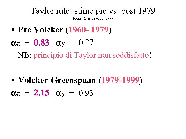 Taylor rule: stime pre vs. post 1979 Fonte: Clarida et al. , 1999 §