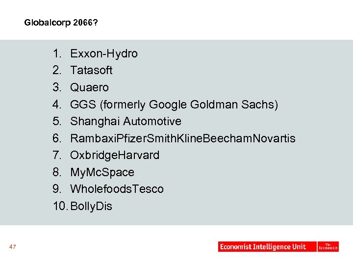 Globalcorp 2066? 1. Exxon-Hydro 2. Tatasoft 3. Quaero 4. GGS (formerly Google Goldman Sachs)