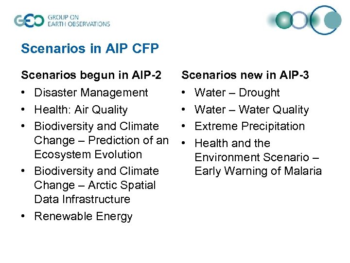 Scenarios in AIP CFP Scenarios begun in AIP-2 Scenarios new in AIP-3 • Disaster