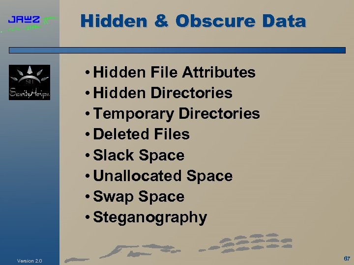 Hidden & Obscure Data • Hidden File Attributes • Hidden Directories • Temporary Directories