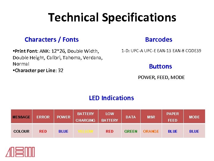 Technical Specifications Barcodes Characters / Fonts Telephony System 1 -D: UPC-A UPC-E EAN-13 EAN-8
