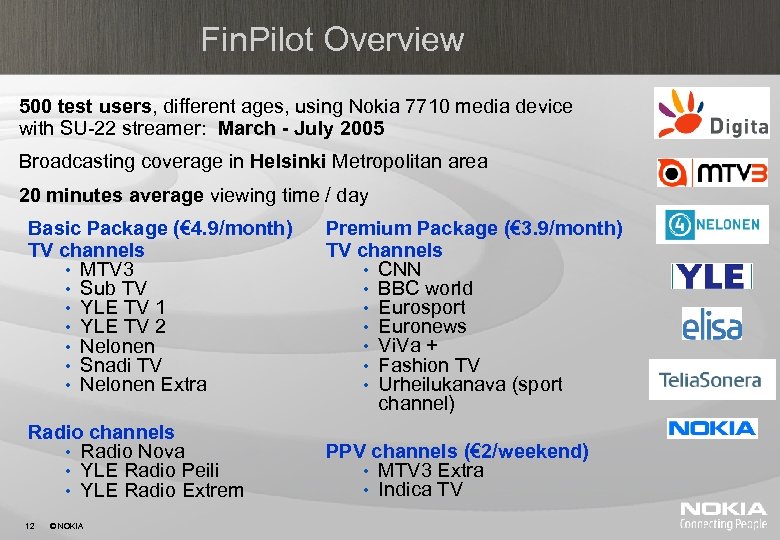 Fin. Pilot Overview 500 test users, different ages, using Nokia 7710 media device with