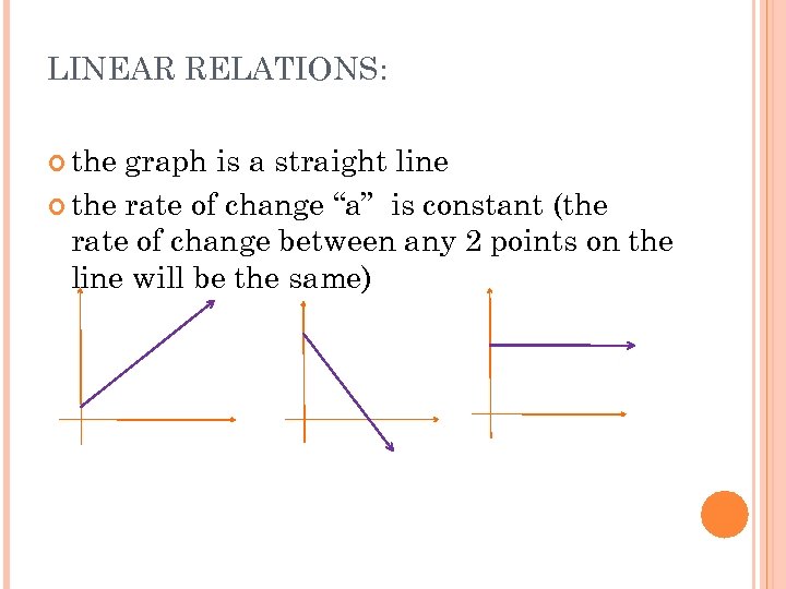 LINEAR RELATIONS: the graph is a straight line the rate of change “a” is