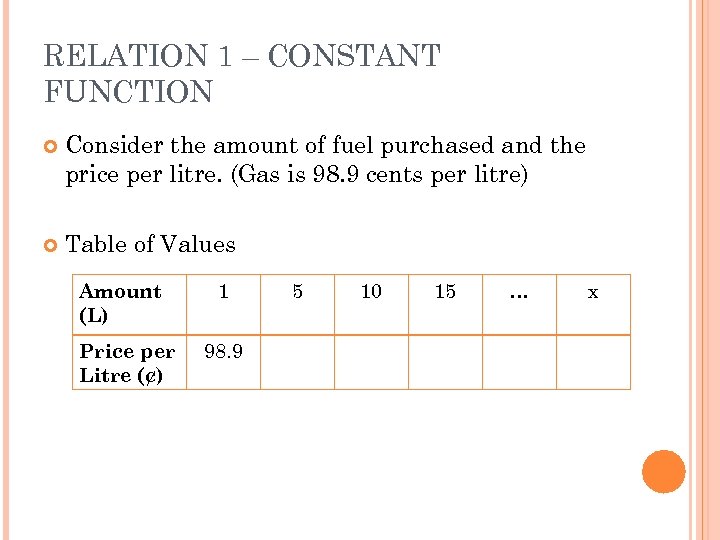 RELATION 1 – CONSTANT FUNCTION Consider the amount of fuel purchased and the price