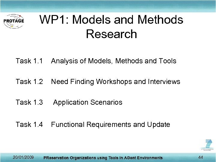 WP 1: Models and Methods Research Task 1. 1 Analysis of Models, Methods and