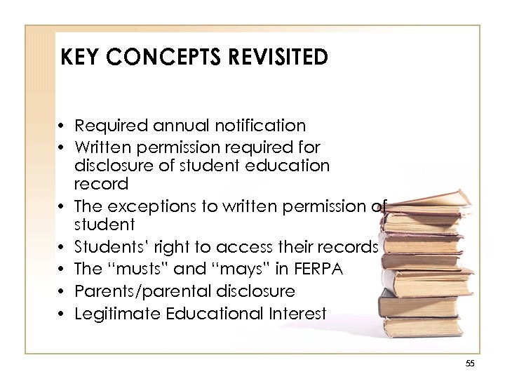 KEY CONCEPTS REVISITED • Required annual notification • Written permission required for disclosure of