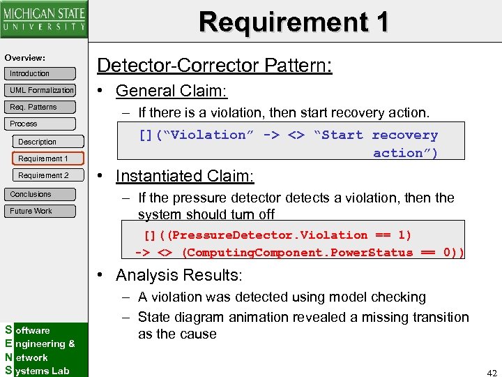 Requirement 1 Overview: Introduction UML Formalization Req. Patterns Process Description Requirement 1 Requirement 2