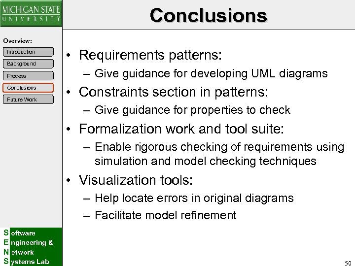 Conclusions Overview: Introduction Background Process Conclusions Future Work • Requirements patterns: – Give guidance