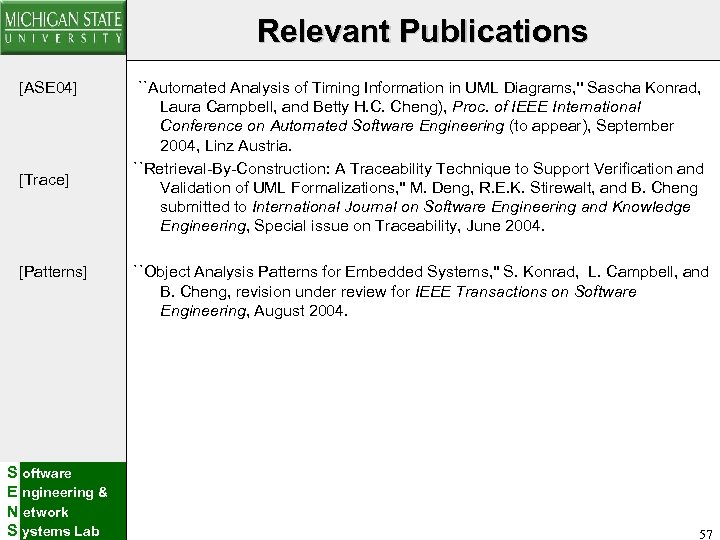 Relevant Publications [ASE 04] [Trace] [Patterns] S oftware E ngineering & N etwork S