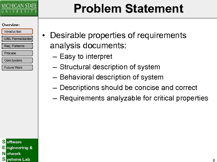 Problem Statement Overview: Introduction UML Formalization Req. Patterns Process Conclusions Future Work S oftware