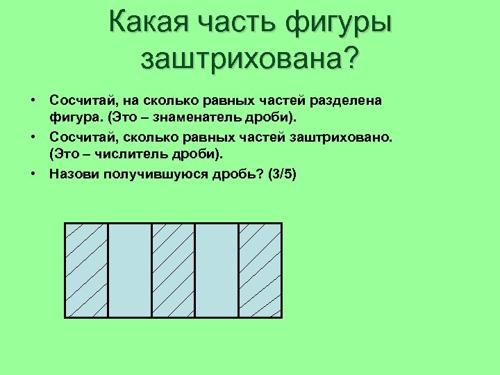 Какая часть фигуры заштрихована? • Сосчитай, на сколько равных частей разделена фигура. (Это –