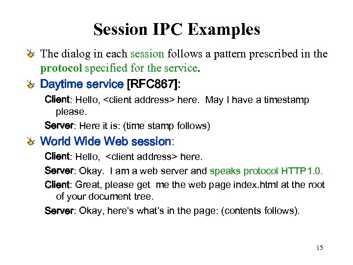 Session IPC Examples The dialog in each session follows a pattern prescribed in the