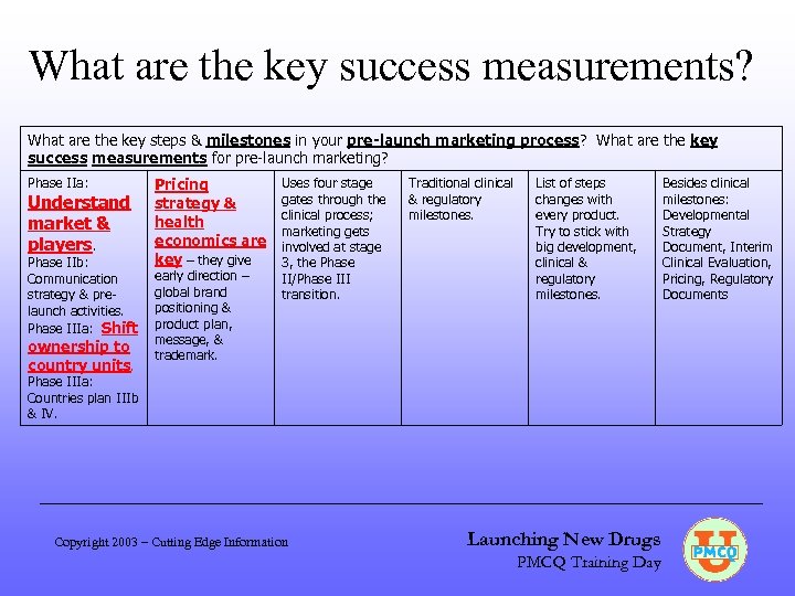What are the key success measurements? What are the key steps & milestones in