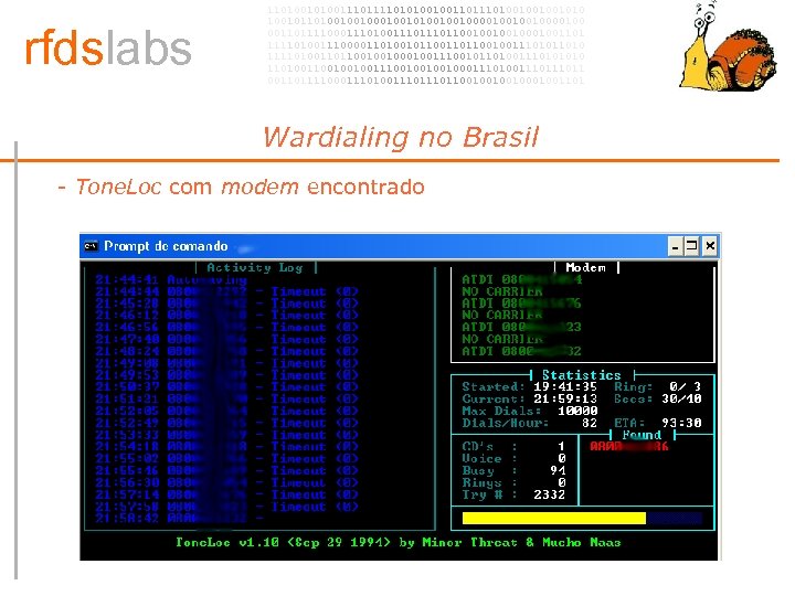 rfdslabs 1101001110101001001101001001001010 100101101001001010010010000100 00110111100011101110110010001001101 111101001110000110100101100100111010 111101001101100100100111001011010011101001001001110010001110100111011 00110111100011101110110010001001101 Wardialing no Brasil • - Tone. Loc
