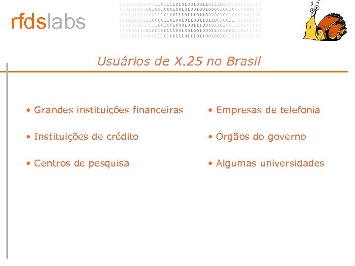 rfdslabs 1101001110101001001101001001001010 100101101001001010010010000100 00110111100011101110110010001001101 111101001110000110100101100100111010 111101001101100100100111001011010011101001001001110010001110100111011 00110111100011101110110010001001101 Usuários de X. 25 no Brasil •