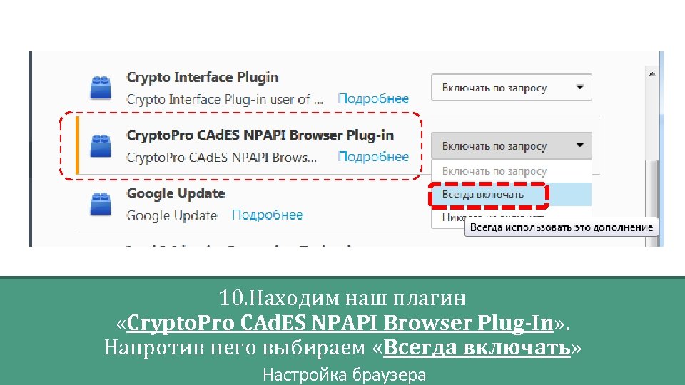 10. Находим наш плагин «Crypto. Pro CAd. ES NPAPI Browser Plug-In» . Напротив него