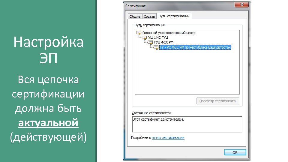 Настройка ЭП Вся цепочка сертификации должна быть актуальной (действующей) 
