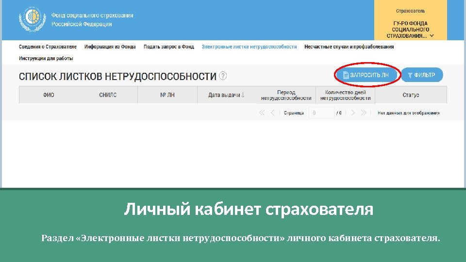 Личный кабинет страхователя Раздел «Электронные листки нетрудоспособности» личного кабинета страхователя. 