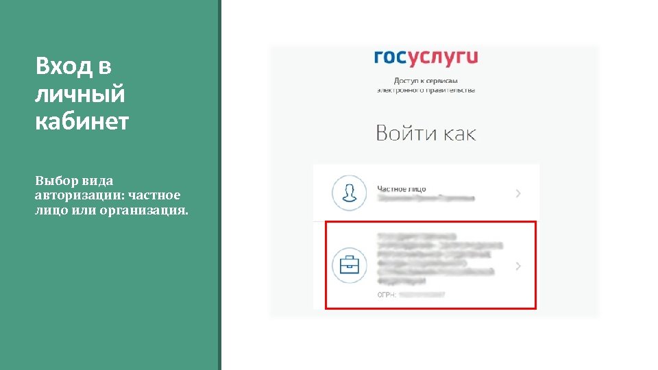 Вход в личный кабинет Выбор вида авторизации: частное лицо или организация. 