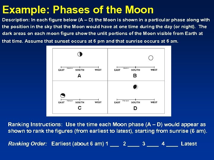 Example: Phases of the Moon Description: In each figure below (A – D) the