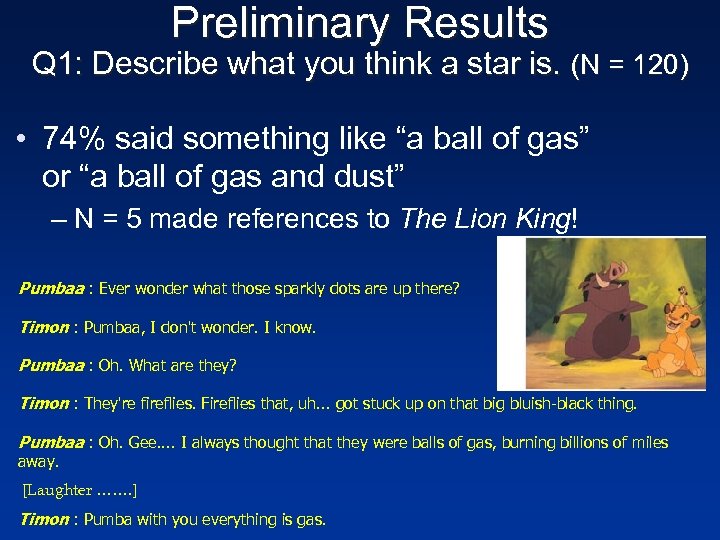 Preliminary Results Q 1: Describe what you think a star is. (N = 120)