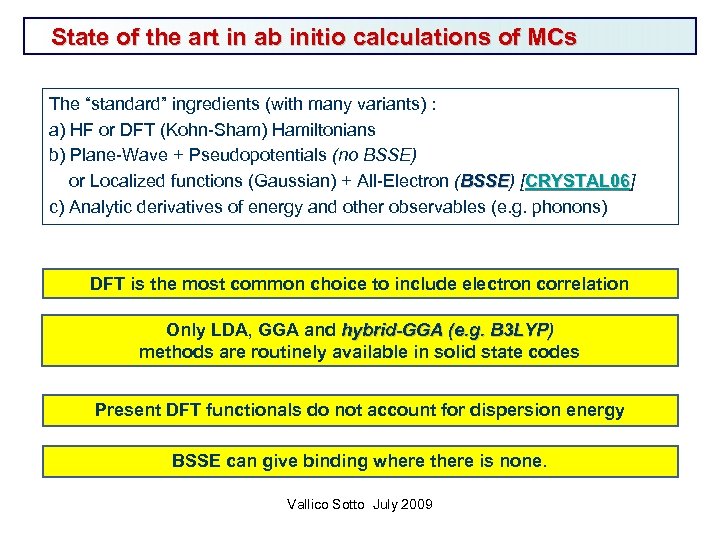 State of the art in ab initio calculations of MCs The “standard” ingredients (with