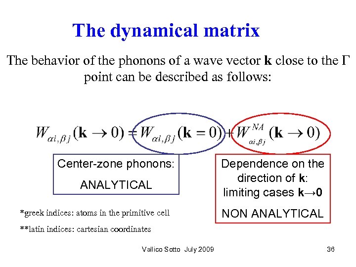 The dynamical matrix The behavior of the phonons of a wave vector k close