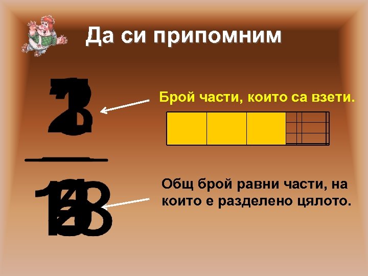Да си припомним Брой части, които са взети. Общ брой равни части, на които