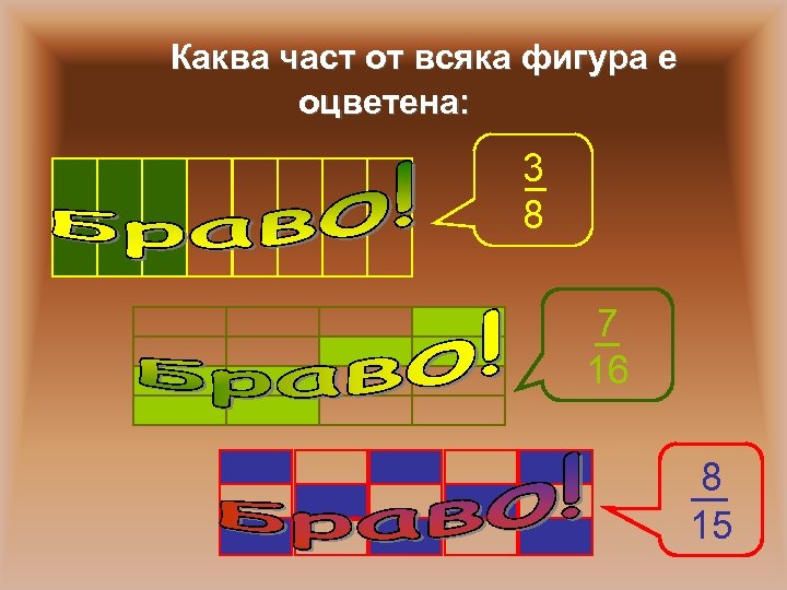 Каква част от всяка фигура е оцветена: 3 8 7 16 8 15 