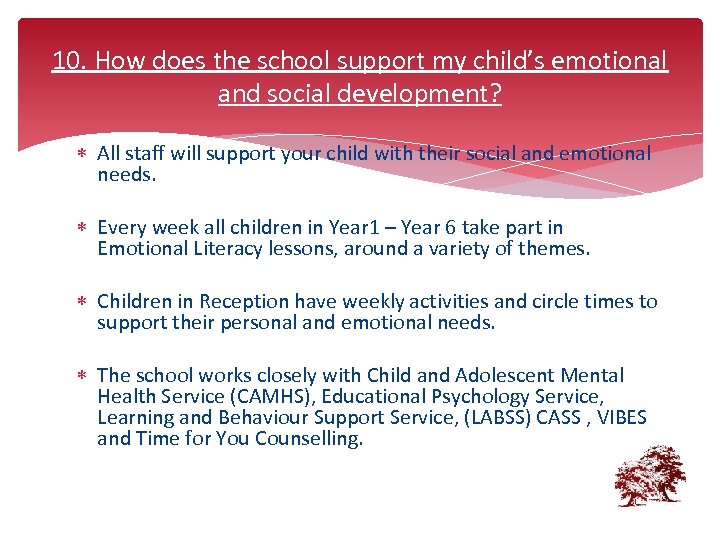 10. How does the school support my child’s emotional and social development? All staff