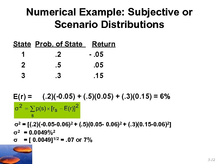 Numerical Example: Subjective or Scenario Distributions State Prob. of State Return 1. 2 -.
