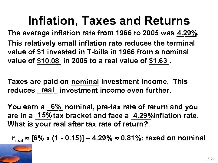 Inflation, Taxes and Returns The average inflation rate from 1966 to 2005 was _____.