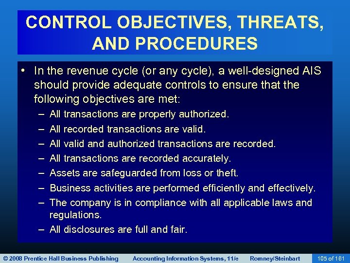 CONTROL OBJECTIVES, THREATS, AND PROCEDURES • In the revenue cycle (or any cycle), a