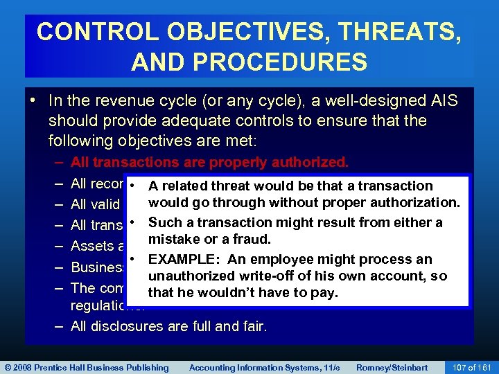 CONTROL OBJECTIVES, THREATS, AND PROCEDURES • In the revenue cycle (or any cycle), a